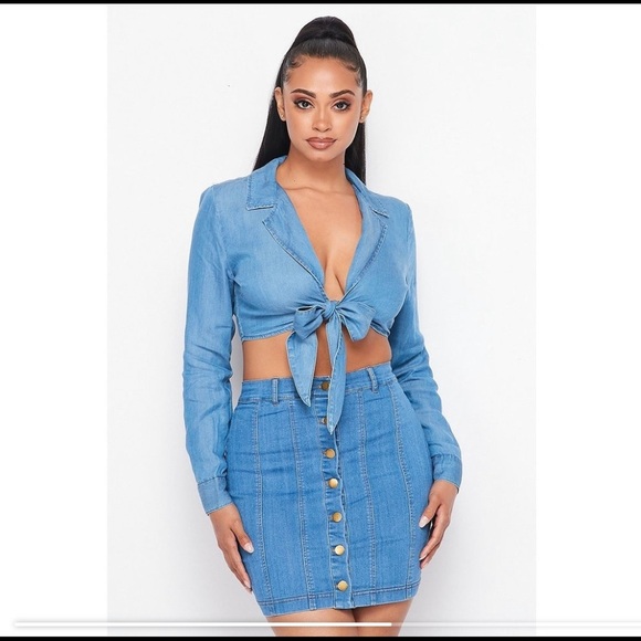 Tops - Classic Denim Tie-Up Long Sleeve Top
